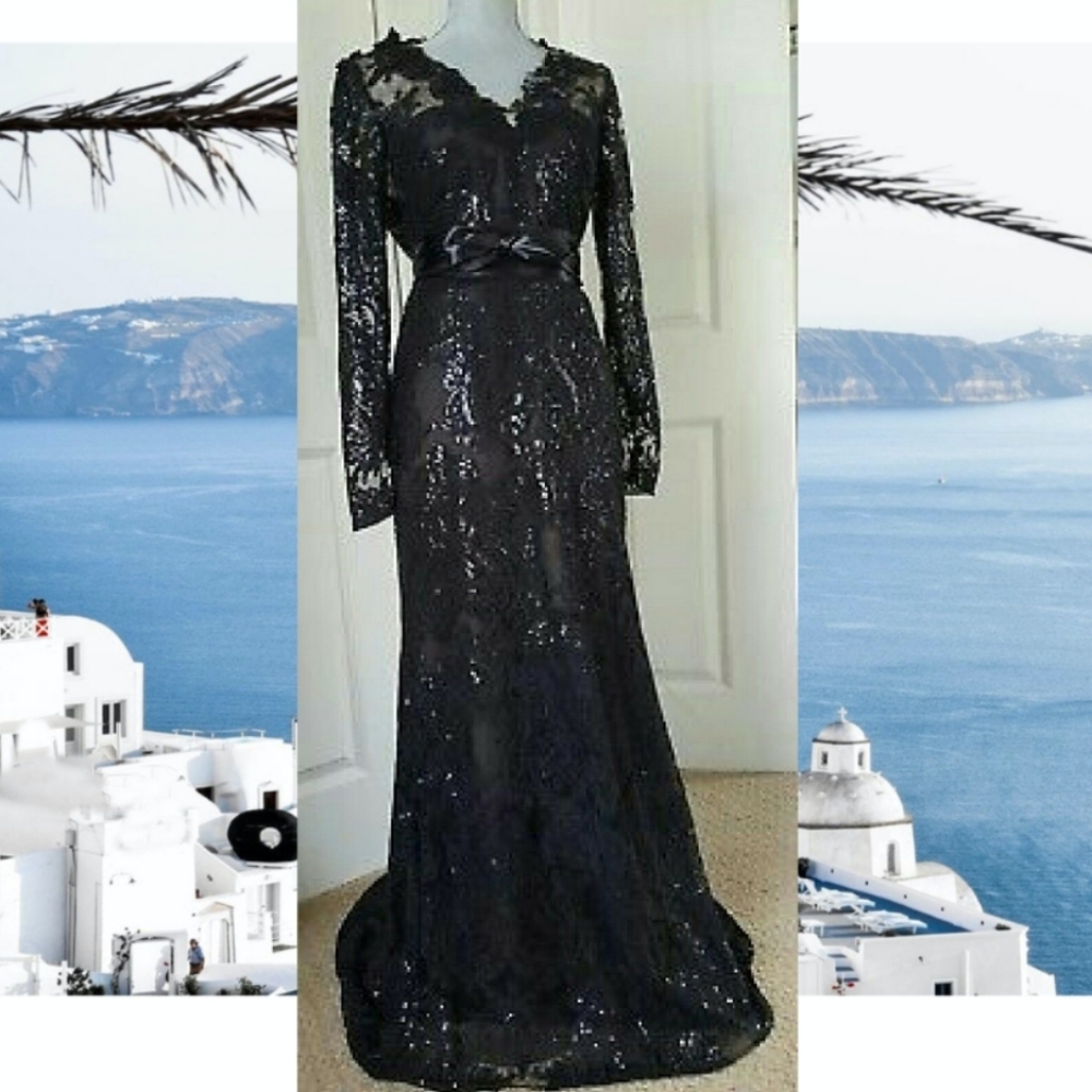 $1,500.00 MARCHESA NOTTE EXCL BLACK LACE BEAD RUNWAY GOWN S - Picture 7 of 14
